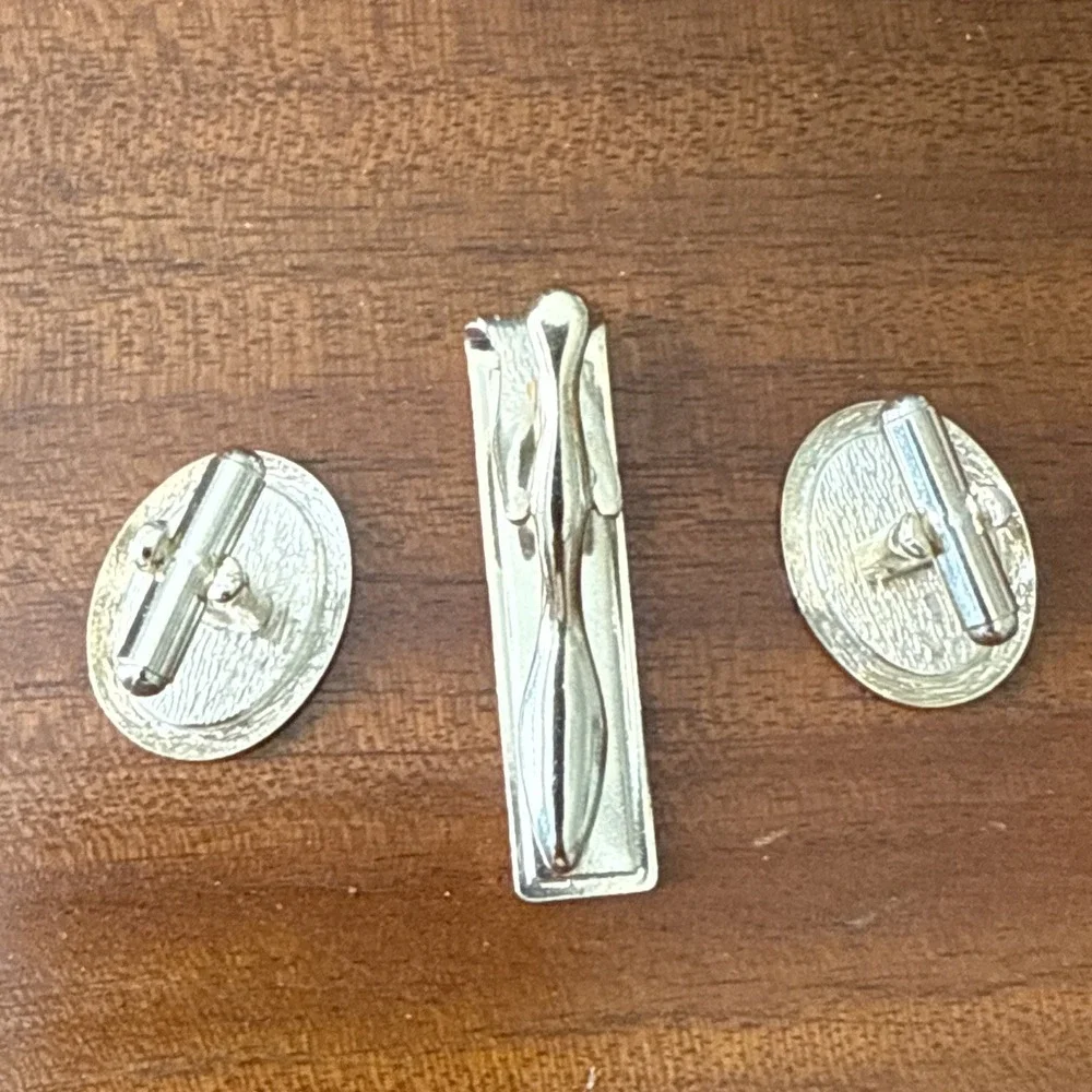 Vintage Marbled Lucite Cufflinks & Tie Bar Set • Gold Tone Oval & Rectangle Desi
